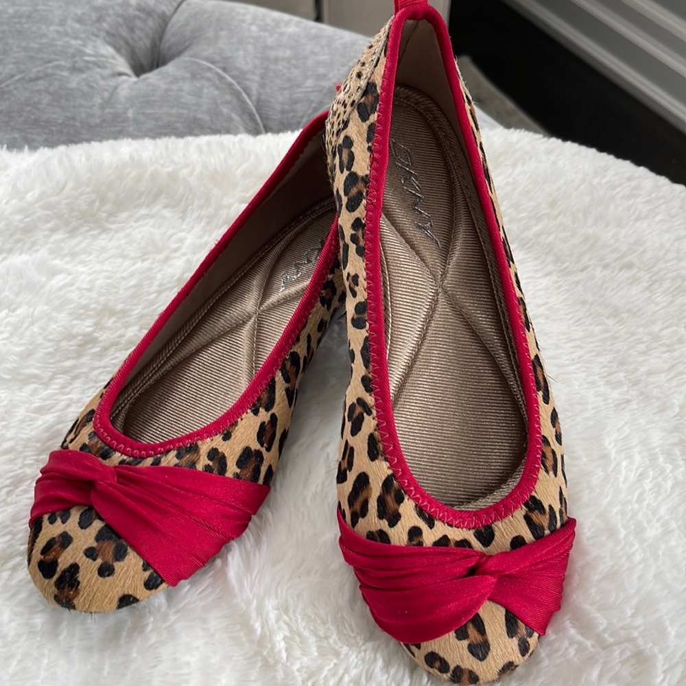 DKNY Leopard Ballerina Flats with Red Trim